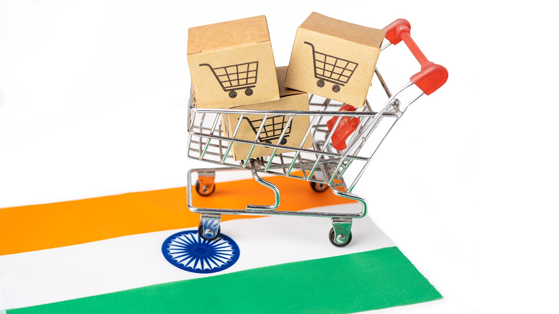 Box with shopping cart logo and India flag, Import Export Shoppi Box with shopping cart logo and India flag, Import Export Shopping online or eCommerce finance delivery service store product shipping, trade, supplier concept.